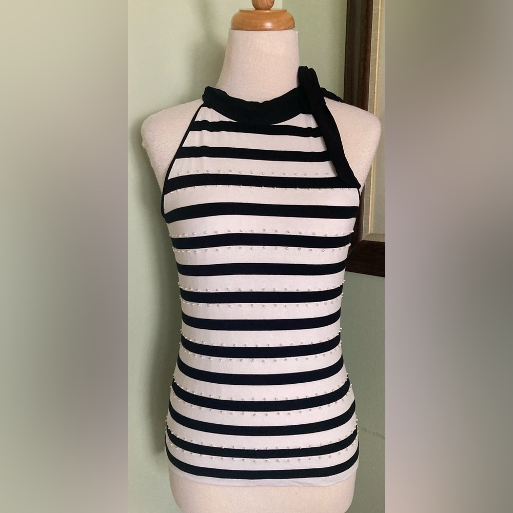 White House Black Market striped w/ Pearls Halter Top side neck tie size XS